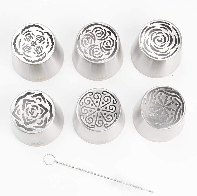 Extra Large Russian Piping Tip Set - 6 Stainless Steel Marshmallow Buttercream Framing Nozzles for 3D Roses Tulip Cake Decorations and Marshmallow Bouquets, Includes 1 Cleaning Brush(6G)