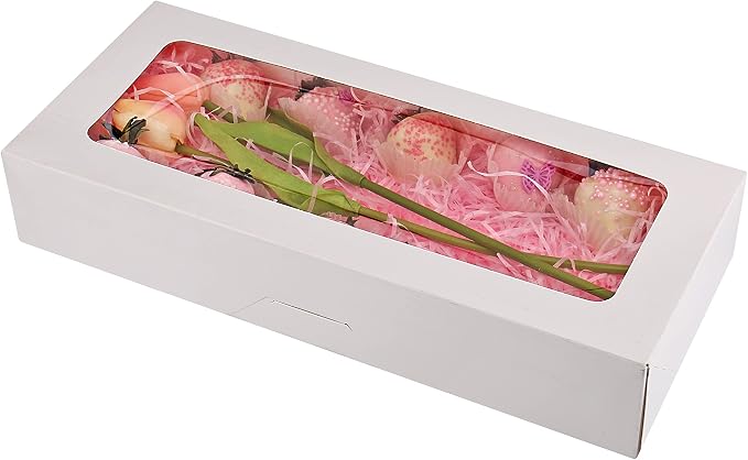 RIFMEAE 24-Pack 14" x 6" x 2.5" Cookie Boxes, Bakery Boxes with Window, Strawberry Boxes, Auto-Popup Treat Boxes for Strawberries, Cookies