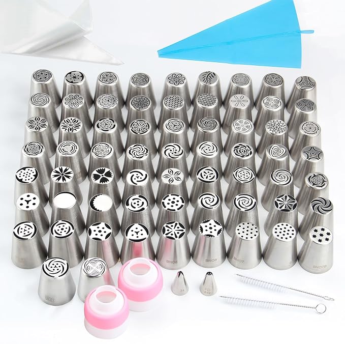 82Pack Large Russian Flower Nozzles for Cake Decorating Stainless Steel Buttercream Bouquet Nozzles,Includes 65 Large Flower Nozzles,2 Leafs, 2 Converters,2 Brushes,1 Silicone,10 Framing Bags