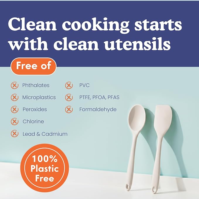 NonToxic Platinum Silicone Utensils, 100% Plastic-Free, 4-Pcs, Gray | LFGB-certified platinum silicone. Solid steel core, no hidden plastics. 500°F heat resistant. Non-scratch. Dishwasher safe