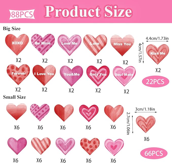 88PCS Edible Heart Cupcake Toppers Sweet Love Be Mine Kiss Me Heart Cupcake Picks Happy Valentine's Day Heart Cake Decor for Valentine's Day Theme Party Decoration Supplies