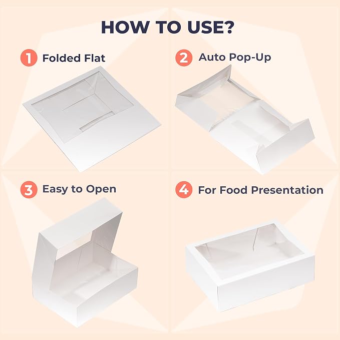 Fit Meal Prep 100 Pack 14 x 10 x 4 Inches White Bakery Boxes with Window, Auto-Popup Cardboard Gift Packaging and Baking Containers, Cupcake, Cookie and Loaf Bread Boxes