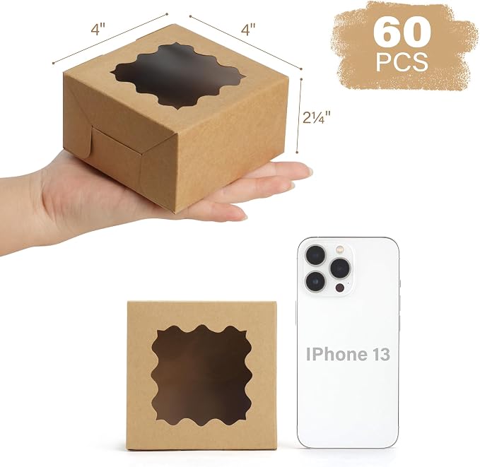 LotFancy 60 Pcs Brown Bakery Boxes with Window, 4x4x2.5 Inches, Small Cookie Boxes, Mini Treat Boxes for Mini Cake, Dessert, Macarons, Chocolates Donuts, Pastries