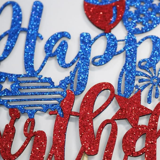 Kaoenla American Happy birthday on independence day Cake Topper | Blue Red Glitter Independence Day Cake Toppers 4th of July Flag Day Photo Props & USA Patriotic Happy Birthday Party Supplies