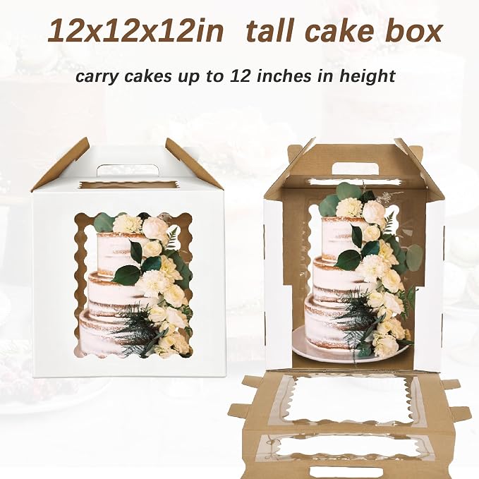 3 Pack 12x12x12 Inch Tall Cake Boxes with windows,10in 12in Large Tiered Cake Box, Disposable Tall Cake Carrier, Layer Tall Baking Carrier with Handle for Wedding, Birthday
