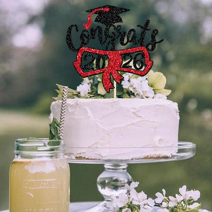1 Pack Congrats 2026 Cake Topper Glitter Diploma Graduation Cap Cake Pick Contrats Class of 2026 Cake Decorations for 2026 Graduation Theme High School Boys Girls Graduate Party Red