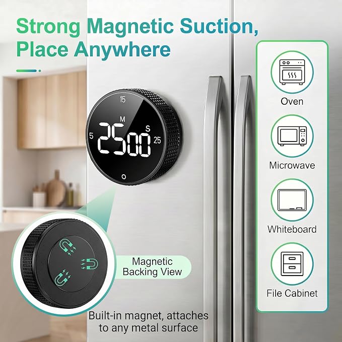 Digital Kitchen Timer, Magnetic Visual Pomodoro Clock with Large LED Display, 3 Preset Times (5/15/25) for Cooking Baking Fitness
