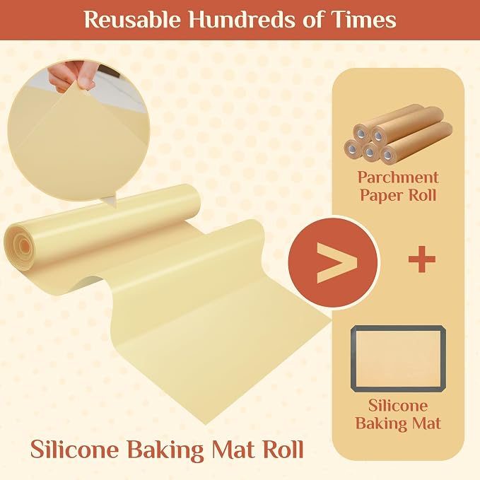 Silicone Baking Mat, 12 IN x 10 FT Free Cutting Baking Sheet,Non-Stick Reusable Dough & Pastry Mat,Non-Slip Silicone Mat Roll for Air Fryer Liner,Freeze Dryer,Oven Baking Pan,Kitchen Counter