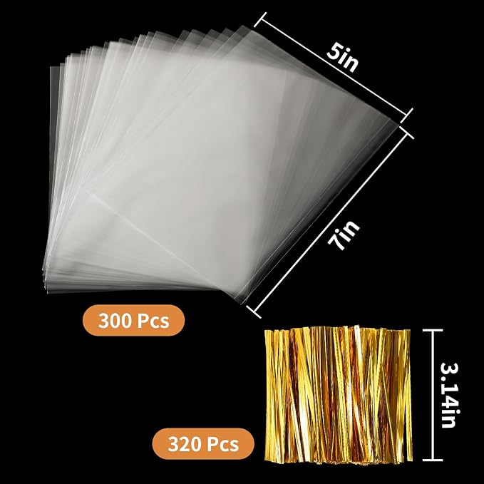 Augshy Cellophane Treat Bags, 300 Pcs 5x7 Inches Treat Cello Bags for lollipop with 320 Twist Ties, 1.4 mils Thickness OPP Plastic Bags for Packaging Candies, Dessert, Bakery, Cookies, Chocolate
