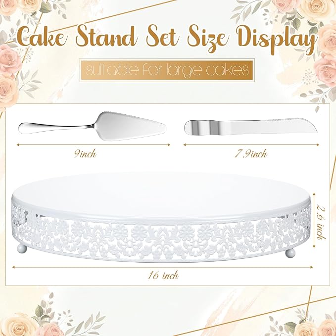 Wenqik 16 Inch White Cake Stand Set Metal Round Cupcake Dessert Stand with Cake Cutting, Flower Spatula Wedding Cupcake Pastry Display Candy Holder Display for Wedding Party Birthday Baby Shower