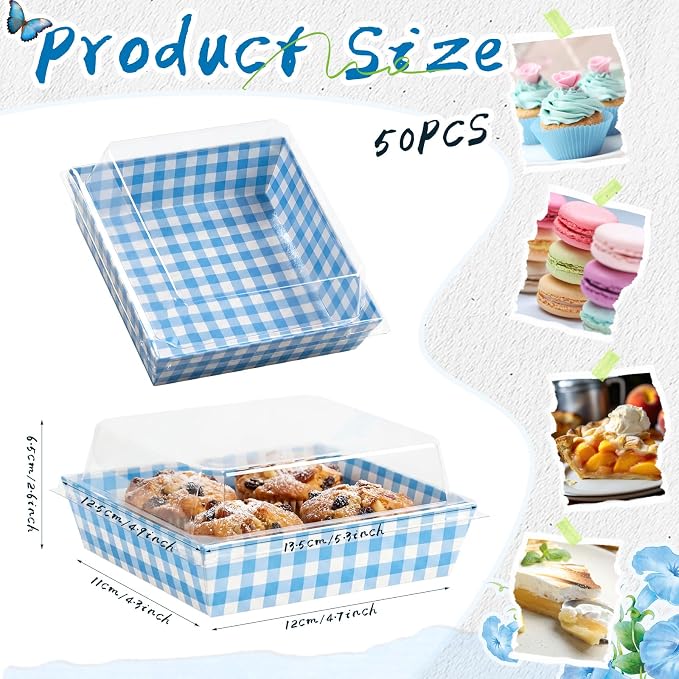 Potchen 50 Pack Blue & White Plaid Charcuterie Boxes with Clear Lids Boxes with Window for Cookies, Candy, and Mini Cakes – Ideal for Gift Giving & Bakery Packaging