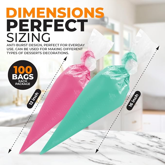 100Pcs Disposable Piping Bags 12inch and 16inch Anti-Burst Pastry Bags, Tipless Icing Piping Bag for Cake, Cream Frosting and Cookie Decoration Supplies (16 Inch bags)