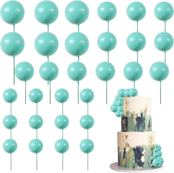 24 PCS Ball Cupcake Toppers Balls Cake Toppes Foam Balls Cupcake Picks DIY Mini Balloon Cake Inset Topper for Baby Shower Birthday Favor Wedding Anniversary Party Cake Decorations Supplies Lake Blue