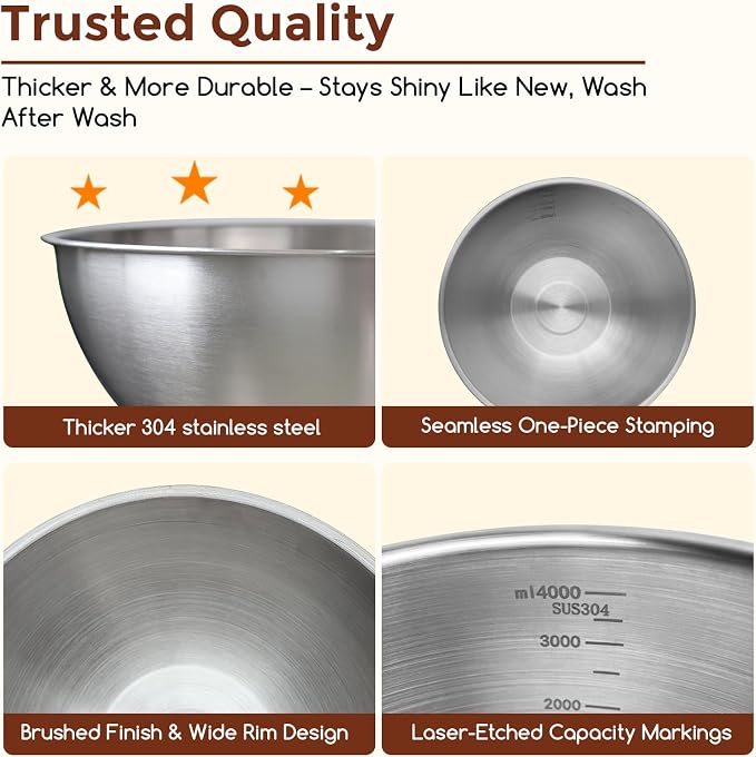 Gronivex 304 Stainless Steel Mixing Bowls, 4-Piece (1.5, 2.2, 3.4 & 4.2 Qt) | Thicker-Gauge, Food-Grade Metal, Stackable Nesting & Space-Saving – For home baking, salads, cooking, and RV or grilling use