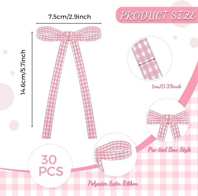 30 PCS Bow Cupcake Topper Pink Gingham Ribbon Bows for Cake Handmade Bow Birthday Decorations for Weddings, Baby Showers, Wedding, Engagements and Dessert Tables