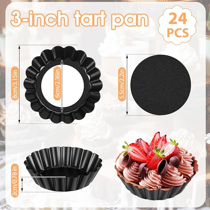 24 Pcs Mini Pie Tart Pans 3"with Removable Bottom Round Nonstick Quiche Pan | Bakeware Egg Tart Molds Fluted Side Small Quiche Pans Steel Mini Pie Tins for Pies Mousse Cheese Cake Dessert