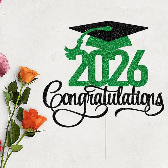 Black green gold Glitter 2026 Congratulations Graduation Cake Topper,Congrats Grad Cake Decor - 2026 High School/College/Senior Graduation Party Decorations Supplies