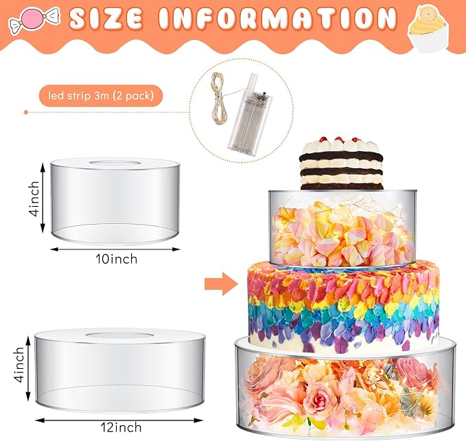 Sunnyray 2 Pcs Acrylic Cake Stands for Dessert Table Clear Fillable Cake Riser Cupcake Tier with LED Strings for Birthday Wedding Holiday Party Display(10'', 12'')