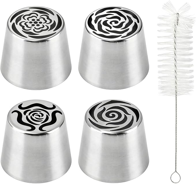 Large Flower Russian Piping Tips Set, Stainless Steel Rose Floral Pastry Nozzles for Buttercream Cupcakes Cookies Fondant, Include 4 Flower Frosting Nozzles Icing Tips and 1 Cleaning Brush