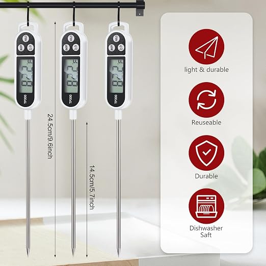 Copkim 6 Pcs Instant Read Meat Thermometer with Long Probe 9.65 Inch Kitchen Cooking Food Candy Waterproof Digital Thermometer for BBQ Water Milk Yogurt Liquid Cooking(White)