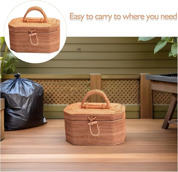 Zerodeko Rattan Storage Box 10.62 Inch Woven Basket Portable Fruit Storage Basket with Lid for Kitchen Dining Home Decor Organizer