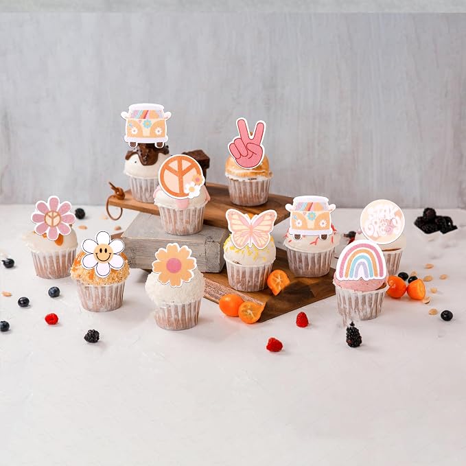 63 PCS Edible Hippie Party Cupcake Toppers Peace Sign Hand Butterfly Two Groovy Cupcake Picks Dasiy 60s Retro Boho Cake Decorations for Hippie Two Groovy Carnival Theme Birthday Party Supplies