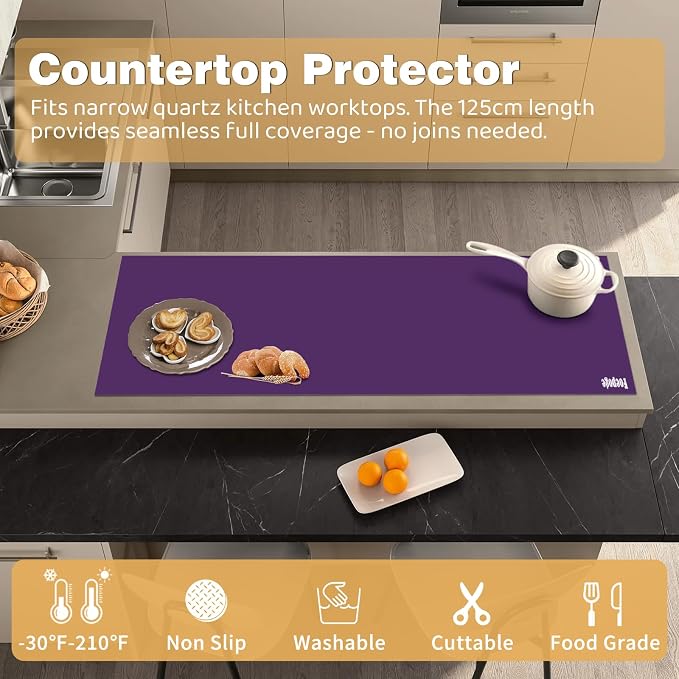 49.2" x 15.7" Large Silicone Mat for Kitchen Counter Protector, Cuttable Silicon Countertop Protector Mat Heat Resistant Mats for Countertop, Cut to Fit Placemat Ship Roll by Foepoge, Purple
