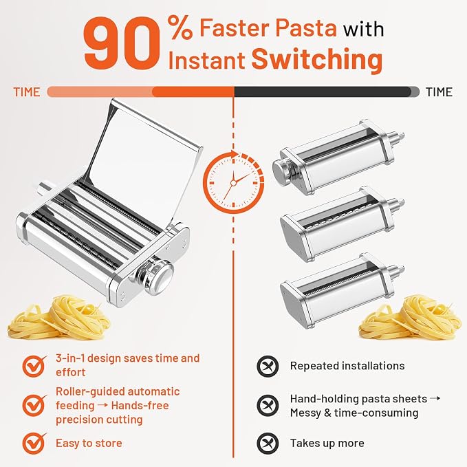 3 in 1 Pasta Attachment for KitchenAid Stand Mixer - Professional Stainless Steel Pasta Maker includes Roller, Spaghetti & Fettuccine Cutters, With Removable Baffle and Cleaning Brush by Hozodo