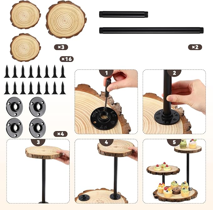 Chunful 3 Tier Round Natural Wood Cupcake Dessert Stand, Cup Cake Tower Stand Holder, Wooden Cake Display Tiered Centerpiece for Party, Birthday, Wedding, Baby Shower, Holiday Decoration