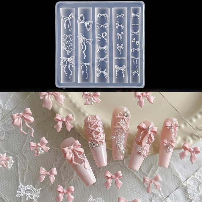 Bow Nail Art Silicone Mold for Acrylic Nails, 3D Ribbon & Lace Nail Charms Mold, Flexible Reusable Silicone Mold for Nail Art Decoration, DIY Nail Accessories for Gel Acrylic Resin
