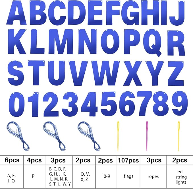 TaoBary 112 Pcs DIY Letter Kit Glitter Customizable Banner Letters Include 107 Letters and Numbers 3 Rope and 2 Needles for Birthday Halloween Christmas Wedding Valentine Party Decor(Bright Blue)