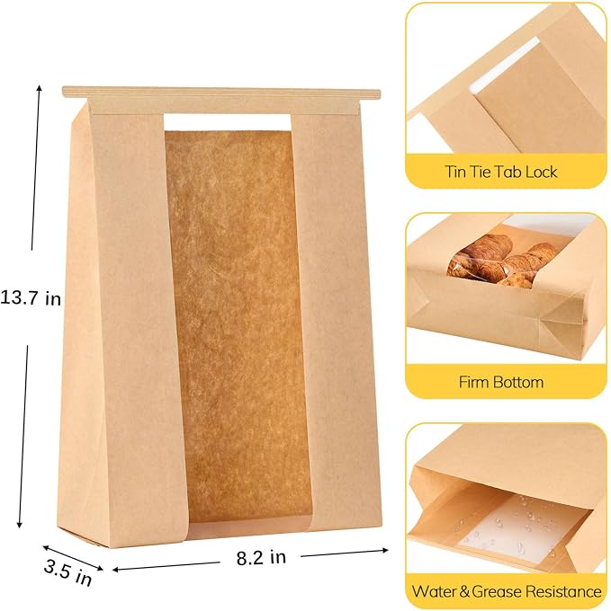 Ocmoiy 100Pcs Tin Tie Tab Lock Large Paper Bread Bags for Homemade Sourdough Bread Bags 13.7x8.2x3.5 Inch Resealable Bakery Bags with Window Thank You Stickers