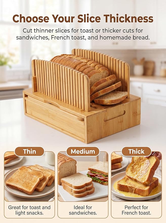 Natural Bamboo Bread Slicer, Bread Slicer Guide for Homemade Bread, Foldable Space-Saving Loaf Guide with Crumb Tray, Adjustable Thickness for Even Slices, Sturdy Cutter for Sourdough and Toast