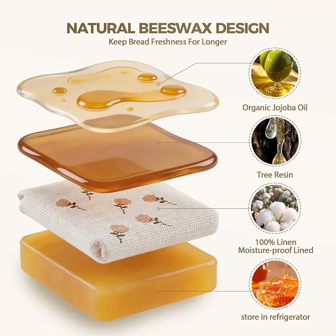 2 Pack Beeswax Bread Bag,17"×13"Reusable Organic Bread Bags for Homemade Bread Sourdough,Linen Outer Lining and Pure Cotton Beewax Inner Lining Moisture-proof &Fresh-Preserving With Buckle&Bowl Covers