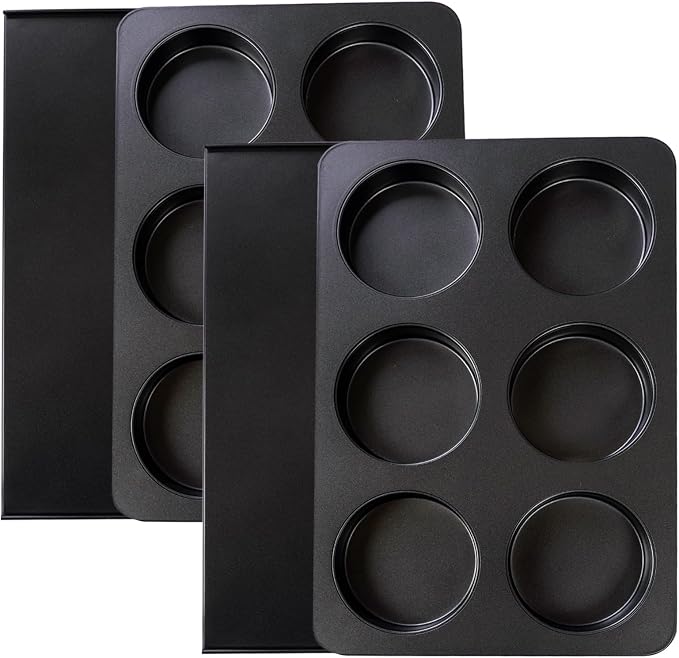2 Pcs Muffin Top Pan with Lid, 3.6 Inch Non-Stick 6 Cup Straight Muffin Pan Cupcake Pan, Hamburger Bun Pan for Baking Egg Sandwich Frittata Cinnamon Roll