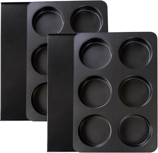 2 Pcs Muffin Top Pan with Lid, 3.6 Inch Non-Stick 6 Cup Straight Muffin Pan Cupcake Pan, Hamburger Bun Pan for Baking Egg Sandwich Frittata Cinnamon Roll