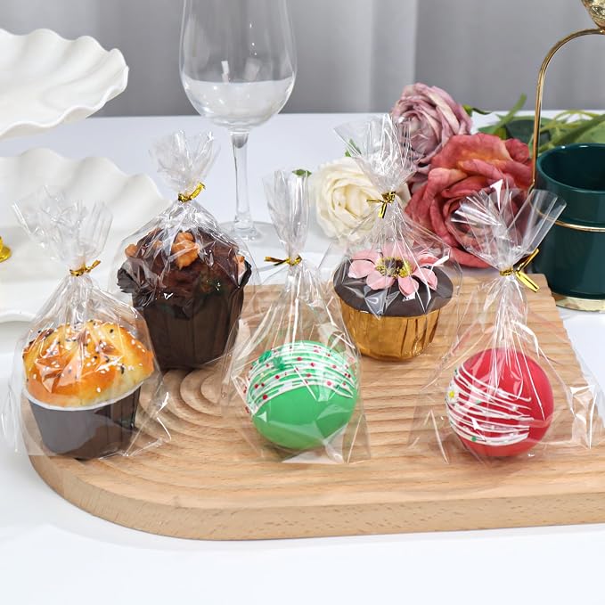 NEKSUNBAK 200Pack 6x7 Cellophane Cupcake Bags with Gold Twist Ties, Flat Bottom–Food Safe Bakery Packaging for Muffins, Chocolate Bombs, Cookies&Macarons–Perfect for Party Favors&Holiday
