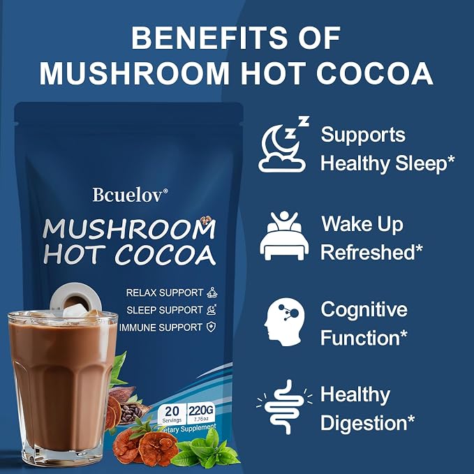 Mushroom Hot Cocoa, Cocoa Powder with Reishi Mushroom, Melatonin, Glycine, Cacao, L-Theanine, Chicory to Help Fall Asleep and Stay Asleep, 20 Servings