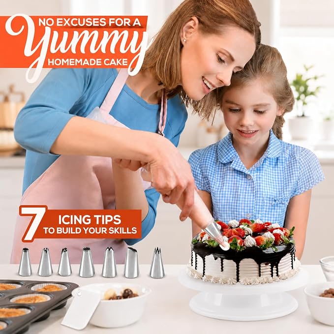 RFAQK 35PCs Cake Turntable and Leveler-Rotating Cake Stand with Non Slip pad-7 Icing Tips and 20 Bags- Straight & Offset Spatula-3 Scraper Set -EBook-Cake Decorating Supplies Kit -Baking Tools | Turntable, 2 Spatula, 20 Icing Bags, 4 Scraper, 7 Piping ...