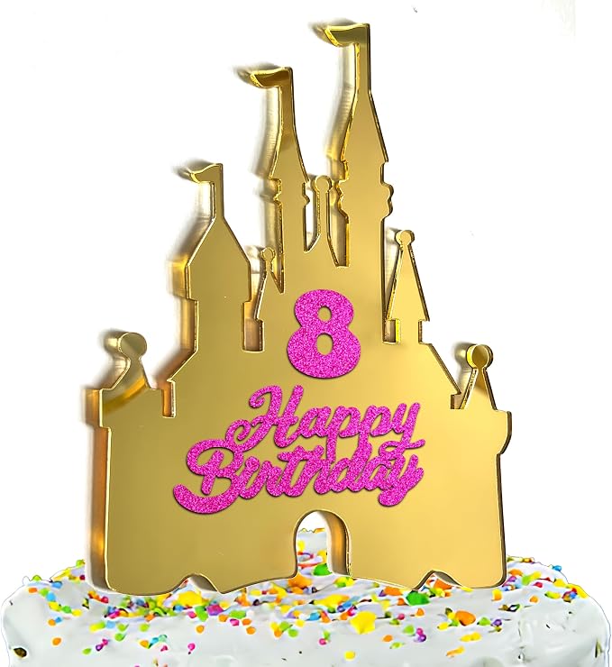Gold Castle Cake Topper with Numbers 0–9 – Princess Birthday Cake Decorations, Reusable Gold Acrylic Happy Birthday Cake Topper Set for Party Supplies (golden)