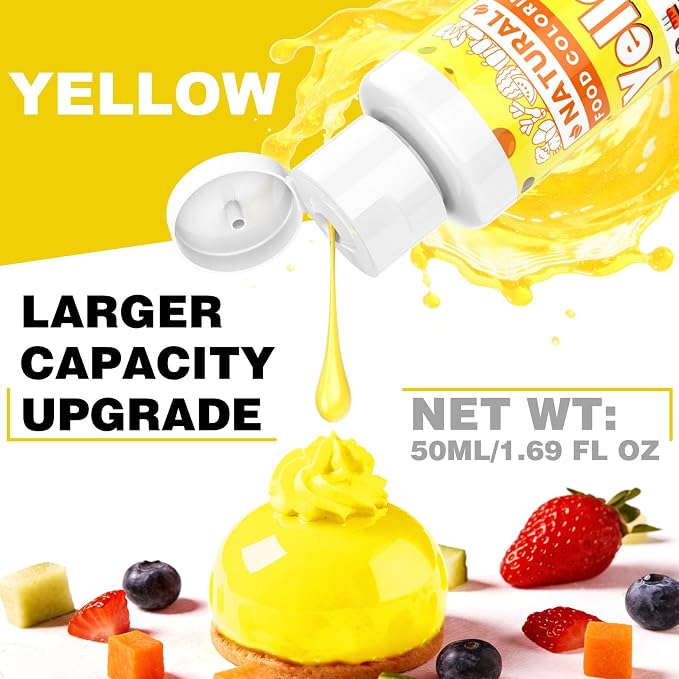 Yellow Natural Food Coloring - 50ml Plant Based Food Dye, No FD&C & Artificial Dyes, Gluten-Free, Food-Grade, Vibrant Liquid Colors for Icing, Baking, Cake Decorating, Frosting, Fondant, Slime - 1.69 Fl.Oz Bottles