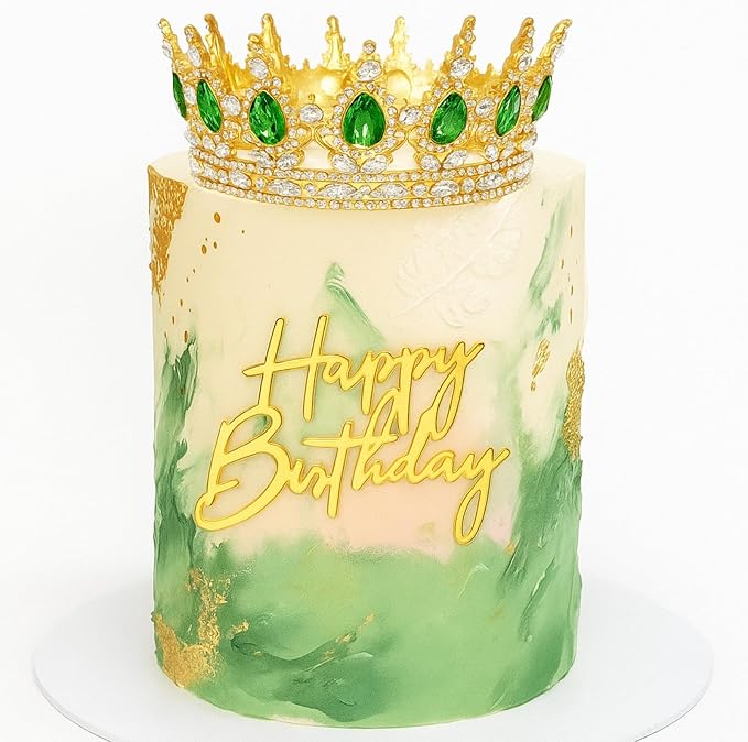 8 Pcs Gold and Green Queen Crown Birthday Cake Topper for Women Rhinestone Crystal Tiara Wedding Happy Birthday Cake Decoration Foam Balls Decor for Queen Princess Party Photo Props
