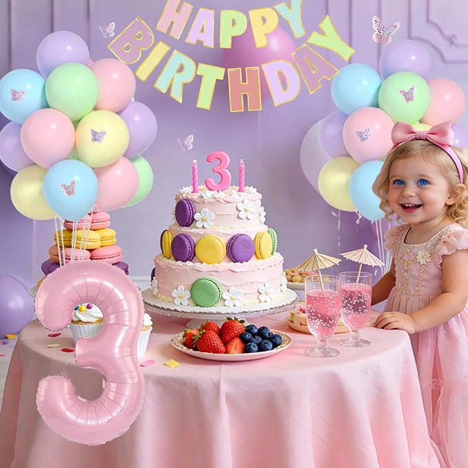 Pastel 3rd Birthday Decorations for Girls -12 inch Pastel Balloons, 40 Inch Pink 3 Balloons, 3D Butterflies Stickers, Happy Birthday Banner For Baby Girl 3 Year Old Birthday Decorations Girl