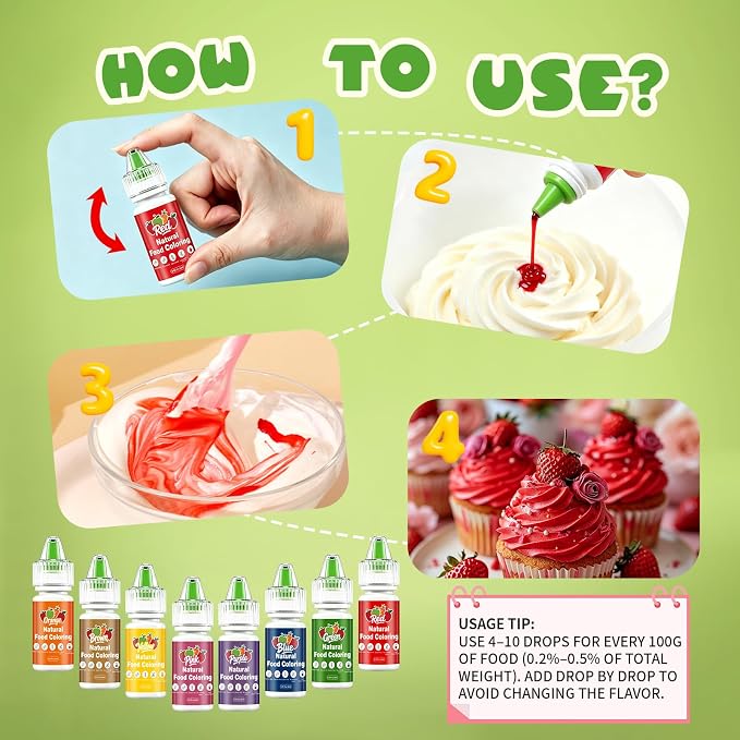 Natural Food Coloring Set 8 Colors FD&C Dye Free Natural Food Dye Set for Cake Baking Easter Egg Icing Frosting Fondant Cooking Decorating - 0.25 Fl. oz (6 ml)/Bottles