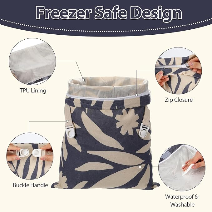 Hsei 5 Pack Beeswax Bread Bags for Sourdough & Homemade Bread 17 x 13'' XL Reusable Organic Linen Wraps with Sealing Zip for Fresh Food Storage Loaf Fresh Freezer Baker Gift (Blue Flower)
