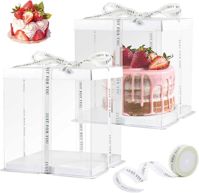 8Pcs Tall Cake Boxes Clear Box with Ribbon, 8x8x9 inch, for 6" cajas para pasteles Tiered Cakes,Transport Gift Boxes for Wedding and Gift Display. (Cream, 8 * 8 * 9 inch/8pcs)