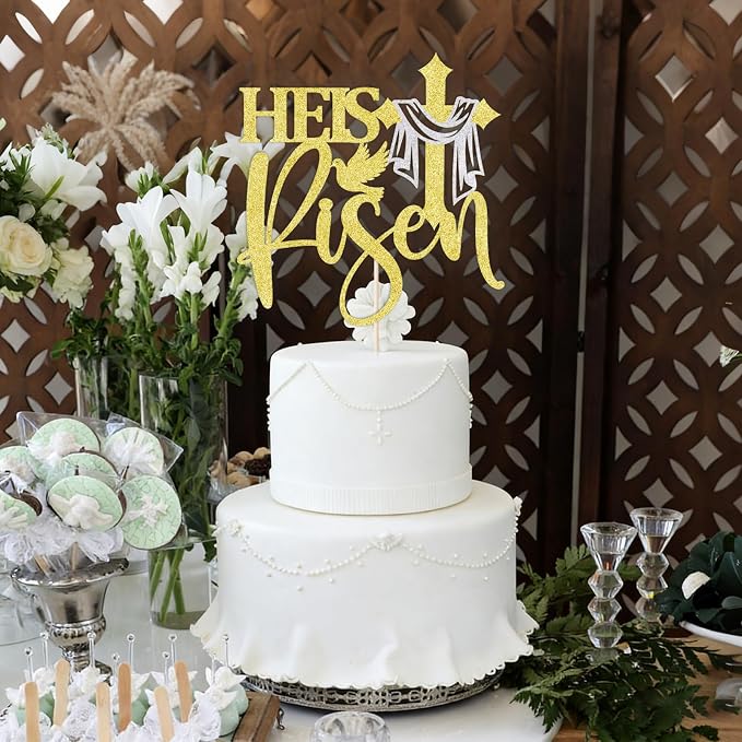 Gold Glitter He is Risen Cake Topper,First Holy Communion Baptism Cake/God Bless Cake Decorations/Jesus Happy Easter Theme Party Cake Decorations