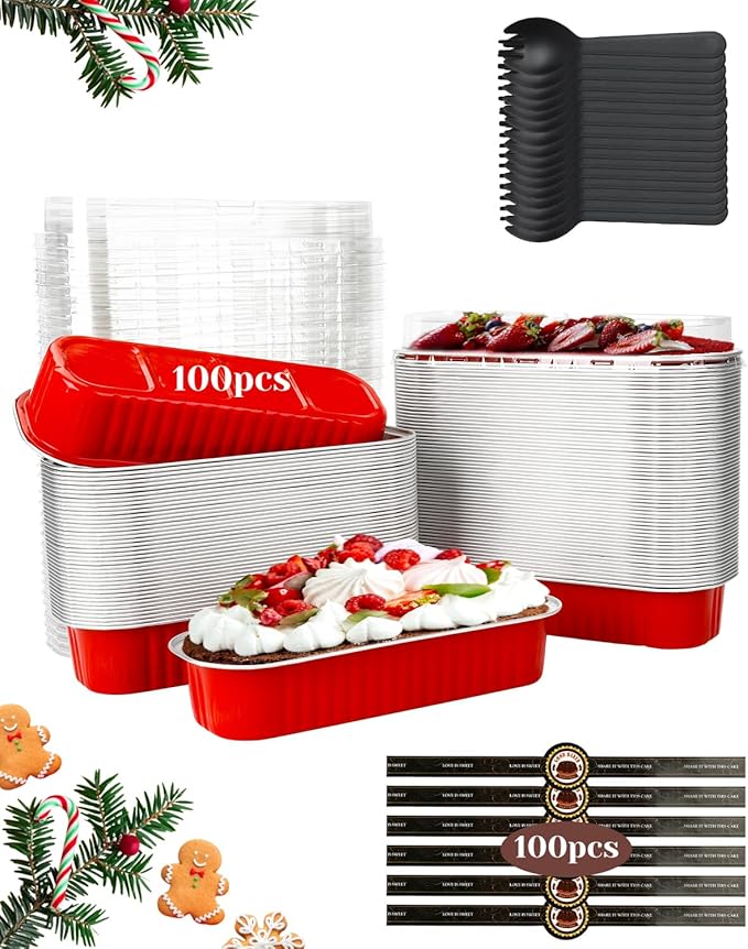 YQER 100 Pack Red Mini Cake Pans with Lids and Spoons, 6.8 oz Disposable Aluminum Foil Mini Loaf Pans with Stickers, Individual Dessert Cake Tins Containers for Valentine Gifts, Holidays, Parties