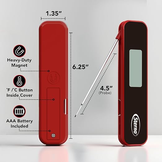 Sterno Digital Meat Thermometer for Cooking - Instant Read Food Thermometer with Motion Activated Auto-Wake, IPX5 Waterproof, Backlit Auto-Rotating Display & Internal Magnet for Grill, BBQ, Air Fryer