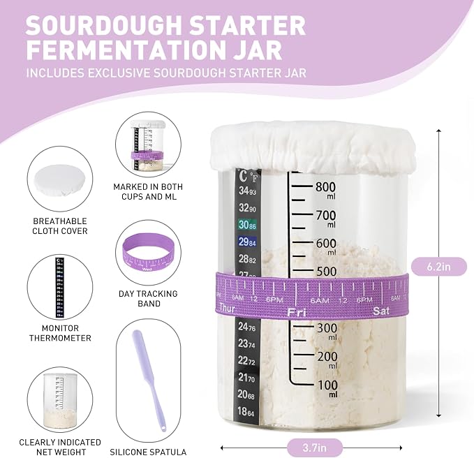 Sourdough Starter Kit,9" Round & 10" Oval Silicone Banneton Bread Proofing Basket Set with Reinforced Support,Sourdough Bread Baking Supplies Kit,34oz Sourdough Starter Jar,Baking Mat(Purple)